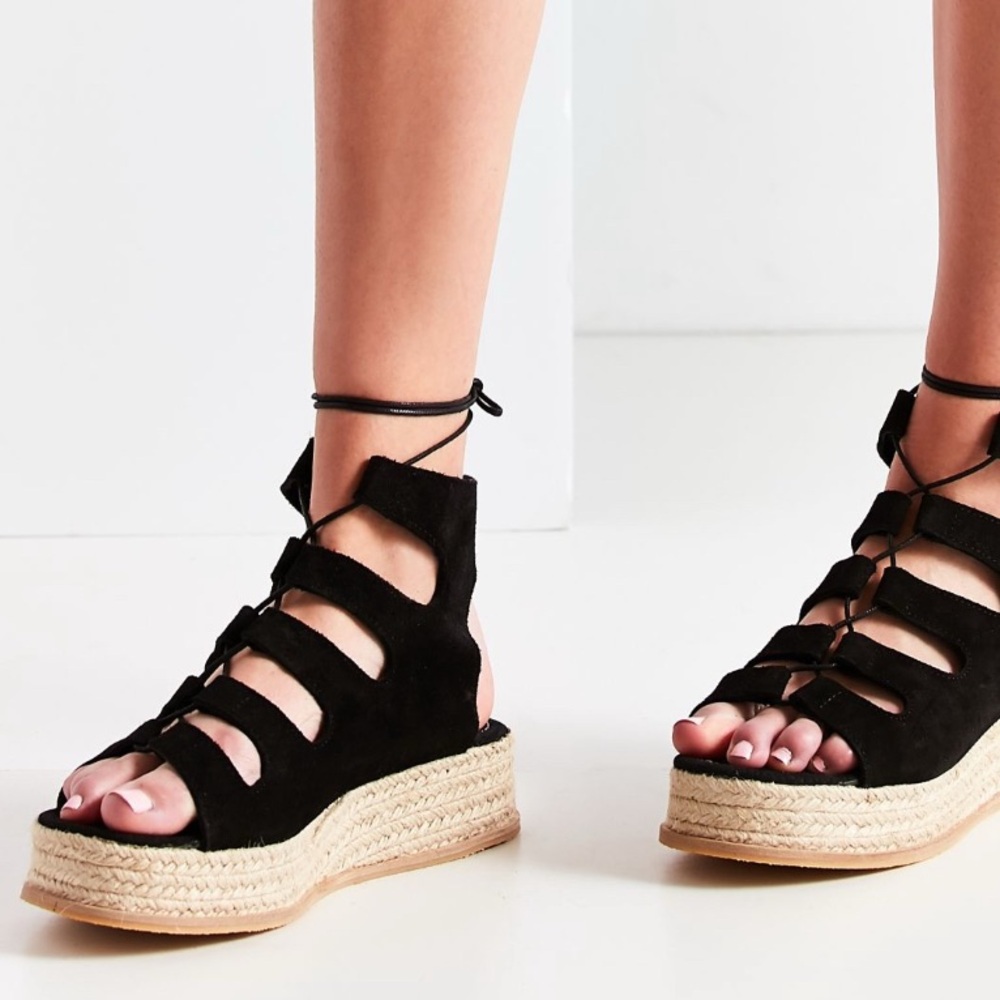 Black Suede Lace-Up Espadrille Platform Sandals